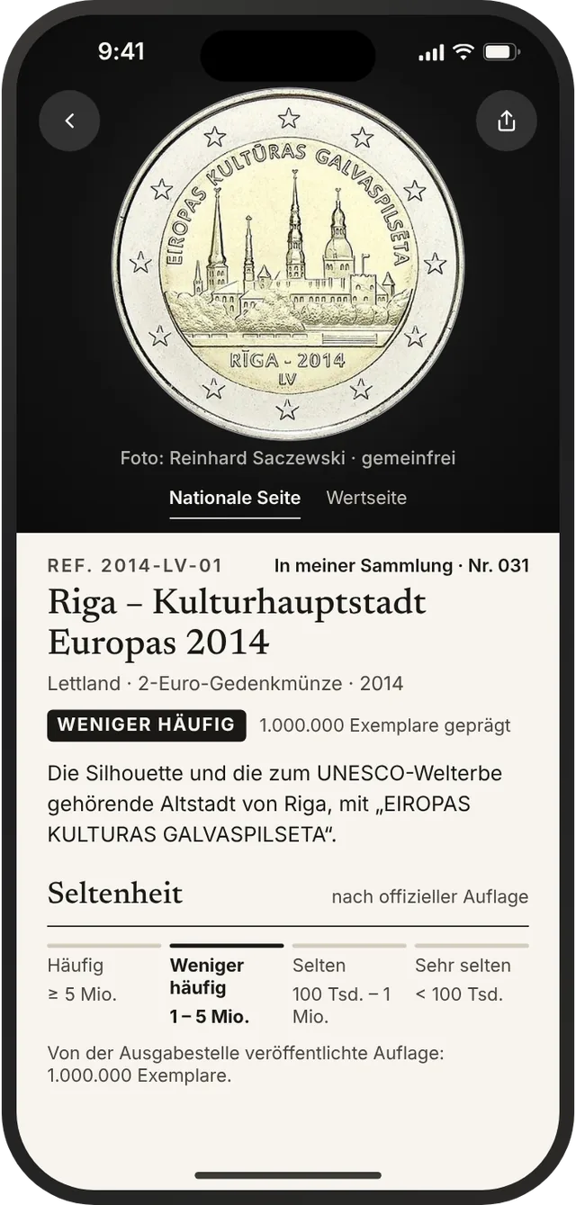 Datenblatt einer Gedenkmünze: Auflage, Seltenheit und Beschreibung des Motivs.