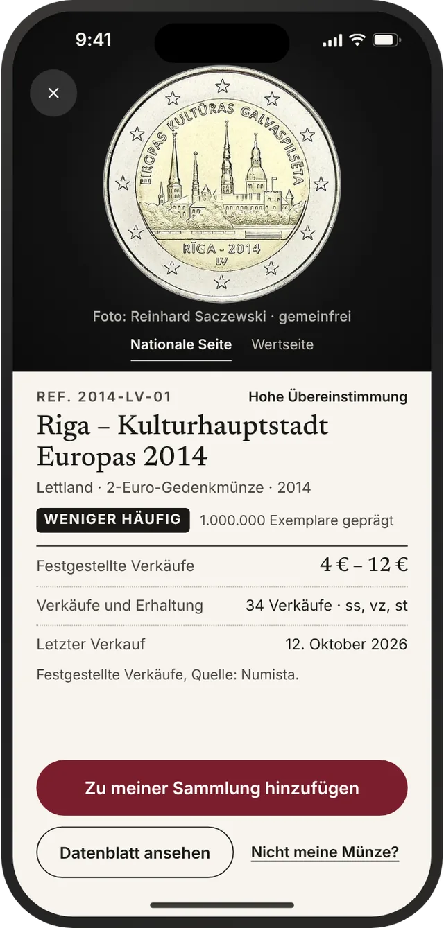 Ergebnis: erkannte Münze mit Referenz, Land, Nennwert und Jahr.