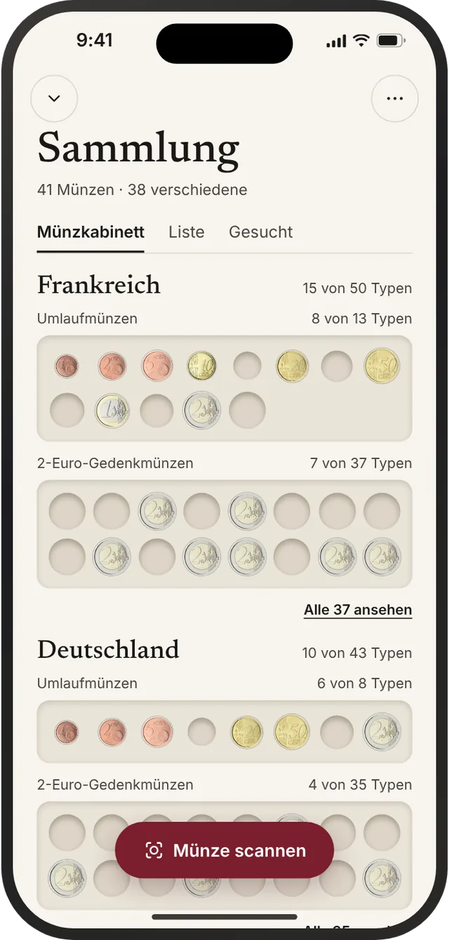 Münzkabinett: Tableau je Land mit belegten und leeren Mulden.