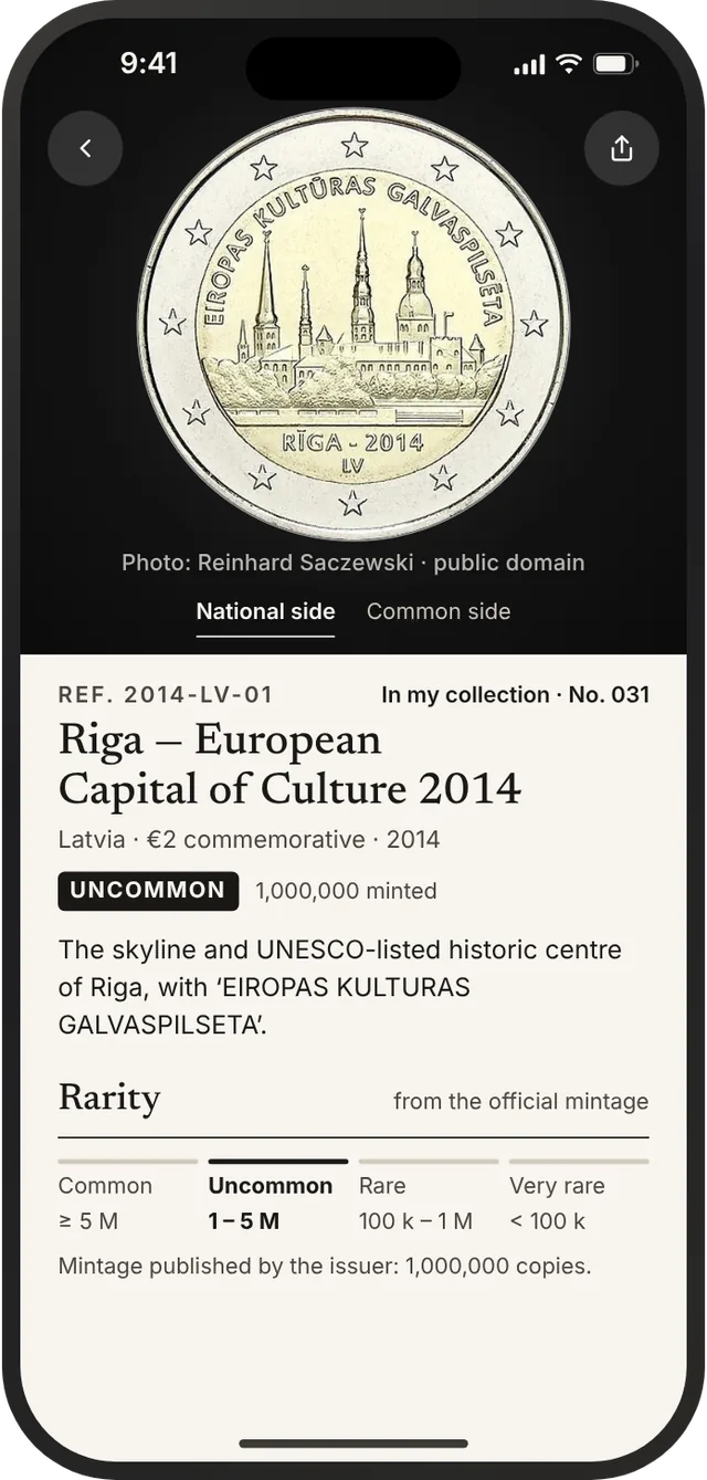 Record of a commemorative: mintage, rarity and description of the design.