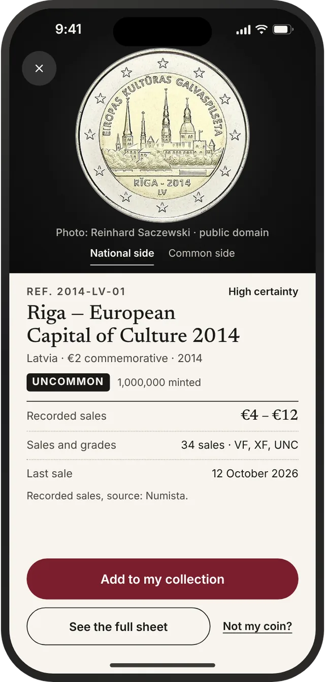 Result: an identified coin with its reference, country, denomination and year.