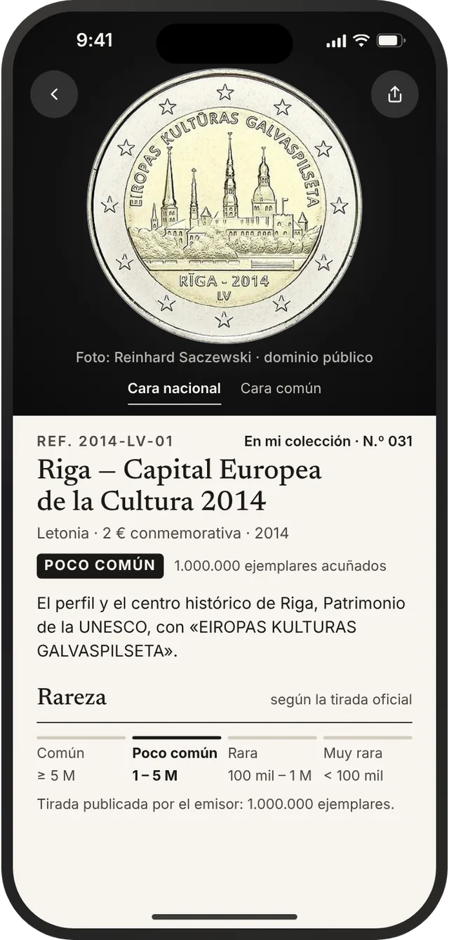 Ficha de una conmemorativa: tirada, rareza y descripción del diseño.