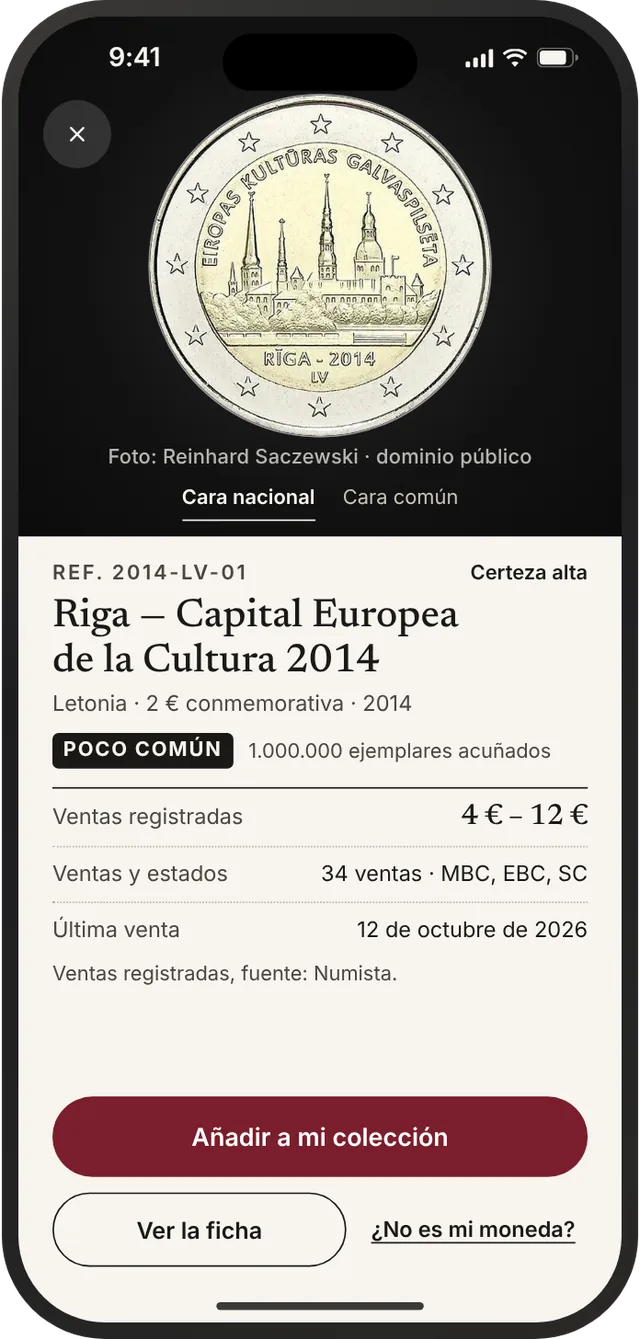 Resultado: moneda identificada, con su referencia, país, valor y año.