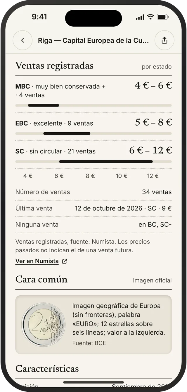 Ventas registradas por estado de conservación, con el número de ventas, la fecha de la última y la fuente Numista.
