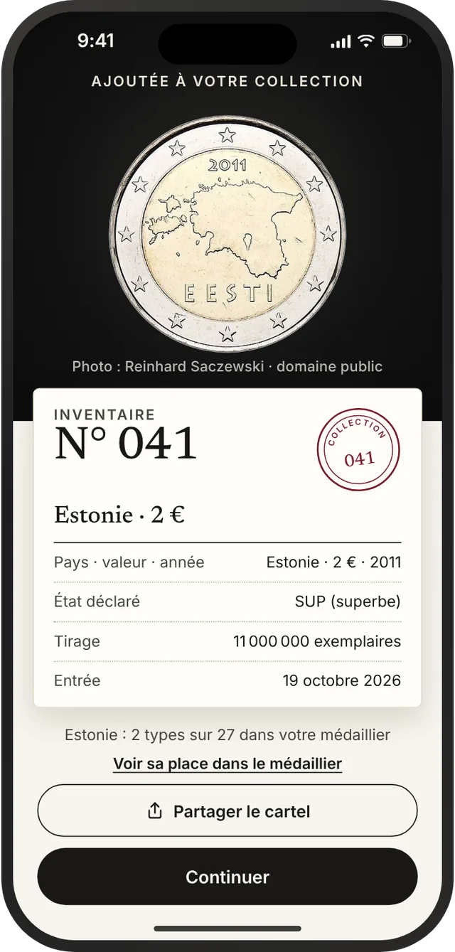 Cartel d'inventaire N° 041 avec son cachet, prêt à partager.