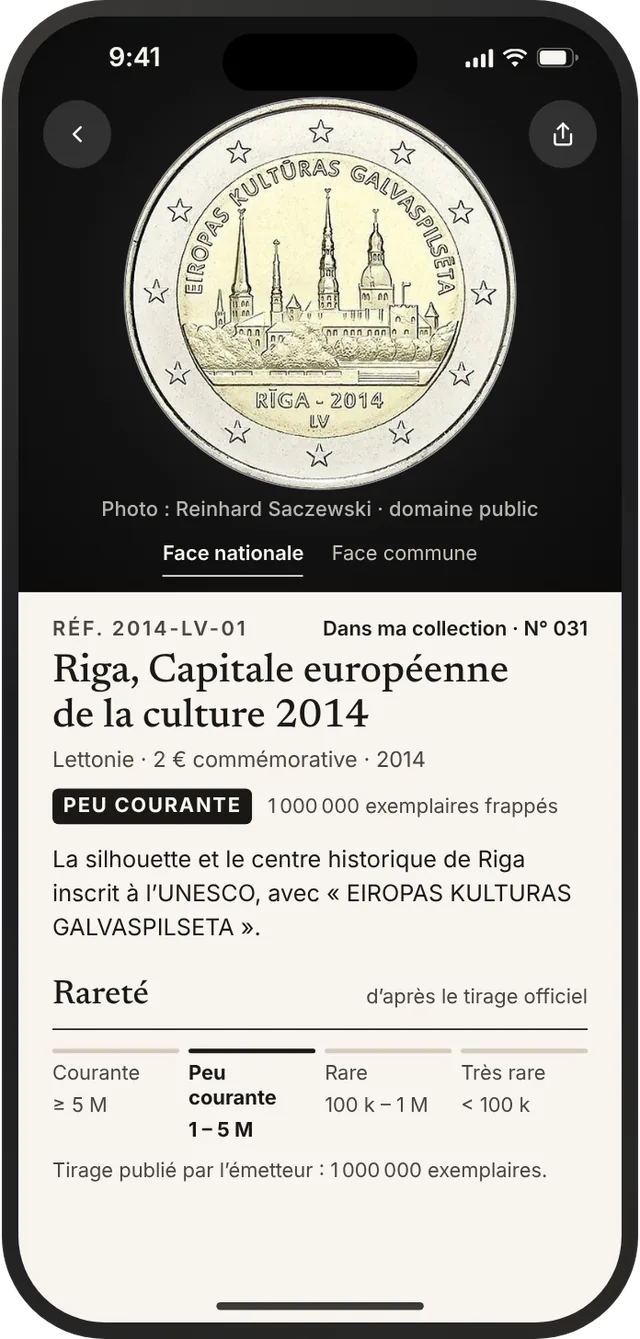 Fiche d'une commémorative : tirage, rareté et description du dessin.