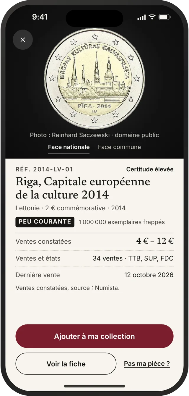 Résultat : pièce identifiée, avec sa référence, son pays, sa valeur et son année.