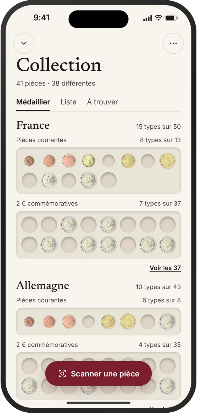 Médaillier : plateau par pays, alvéoles pleines et vides.