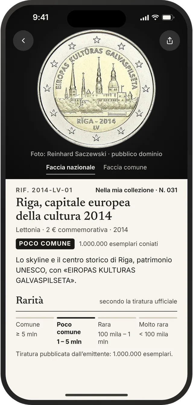 Scheda di una commemorativa: tiratura, rarità e descrizione del disegno.