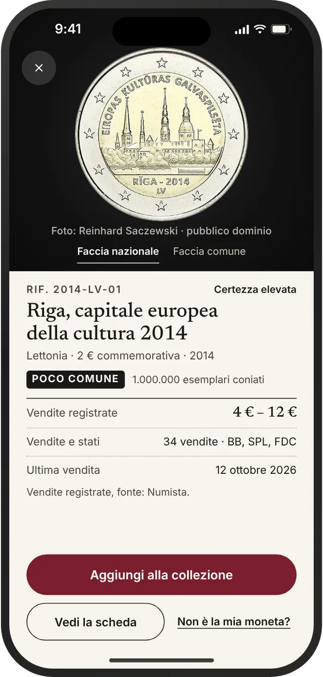 Risultato: moneta riconosciuta, con riferimento, paese, valore e anno.